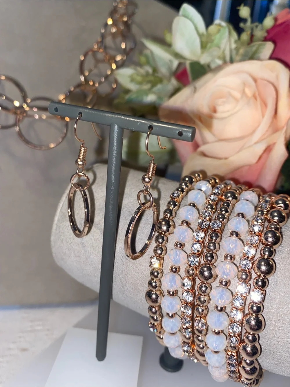 Rose Gold Necklace, Beaded Multi-Strand Bracelet & Hoop Earring Set